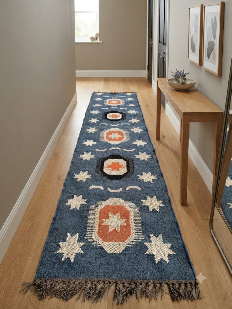 Area Rug Kilim Rug Hand made Wool & Braided Jute Rug Flatweave Rug High Traffic Area Lake House Bedroom Dining Room Living Room Indoor & Outdoor Rug-Blue