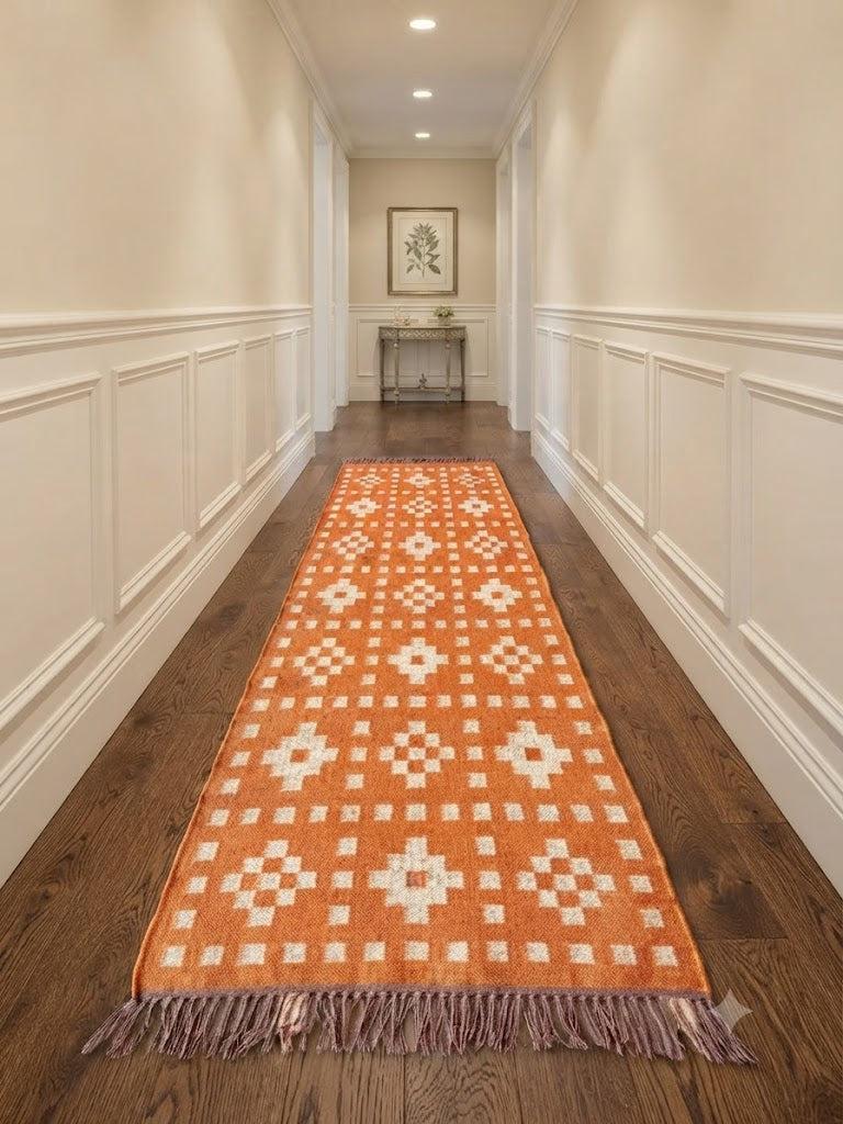 Rectangle Kilim Area Rug – Handwoven Wool & Jute Flatweave – Indoor/Outdoor Rug for Living Room, Bedroom, Dining, High-Traffic Areas, Lake House Decor- Orange