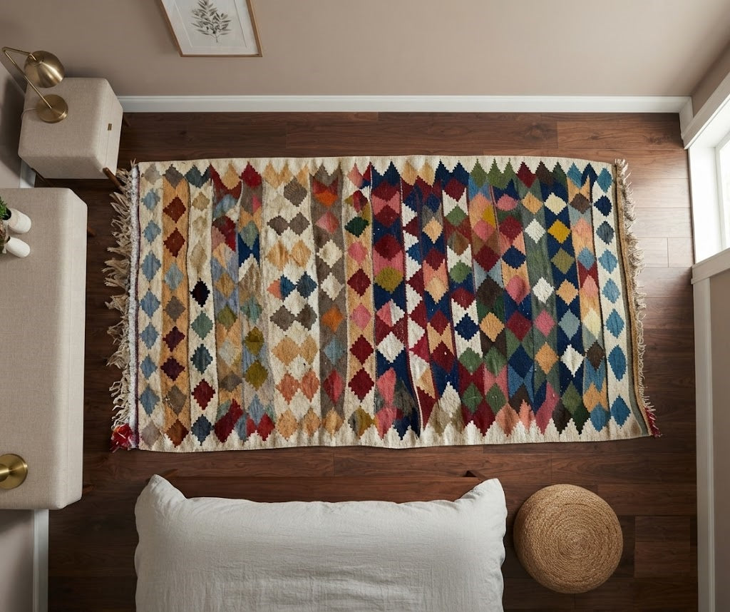 Kilim Wool Jute Rug - Durable Handmade  Rustic Look Rectangle Farmhouse Boho Area Carpet