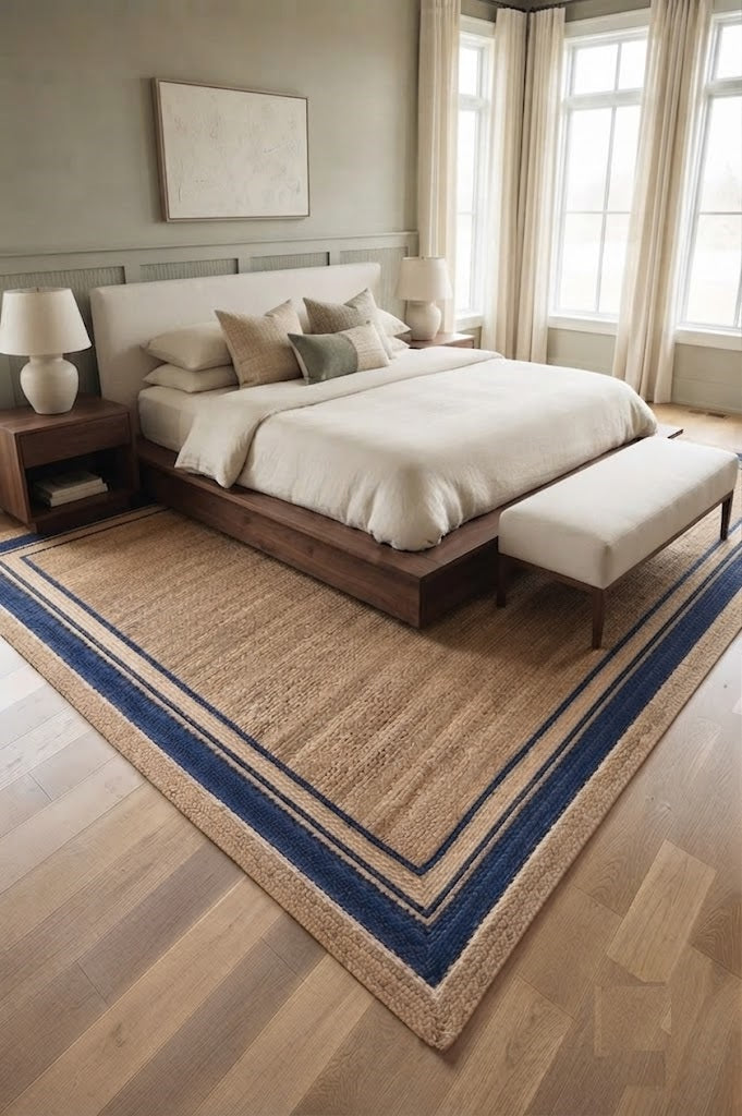 Natural Handwoven Jute Area Rug Natural Farmhouse Boho Rug for Living Room, Bedroom & Entryway Rustic Indoor Floor Mat-Blue Border