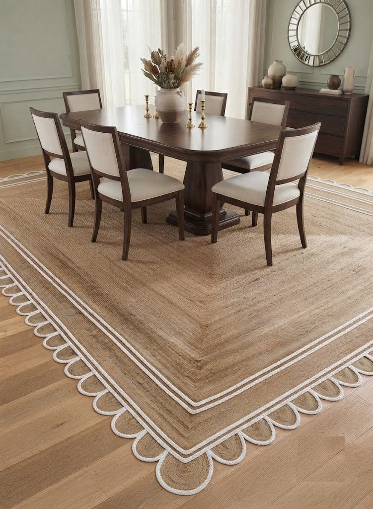 Handwoven Jute Area Rug Natural Farmhouse Boho Rug for Living Room, Bedroom & Entryway Rustic Indoor Floor Scallop Carpet (White Border)