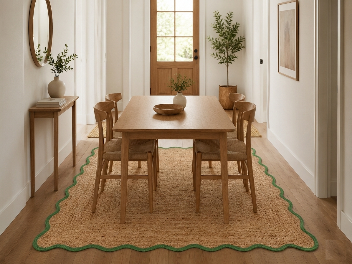 Avgari Creation Natural Handwoven Jute Area Rug Scalloped Green Border Farmhouse Boho Rug for Living Room, Bedroom & Entryway Rustic Indoor Floor Mat