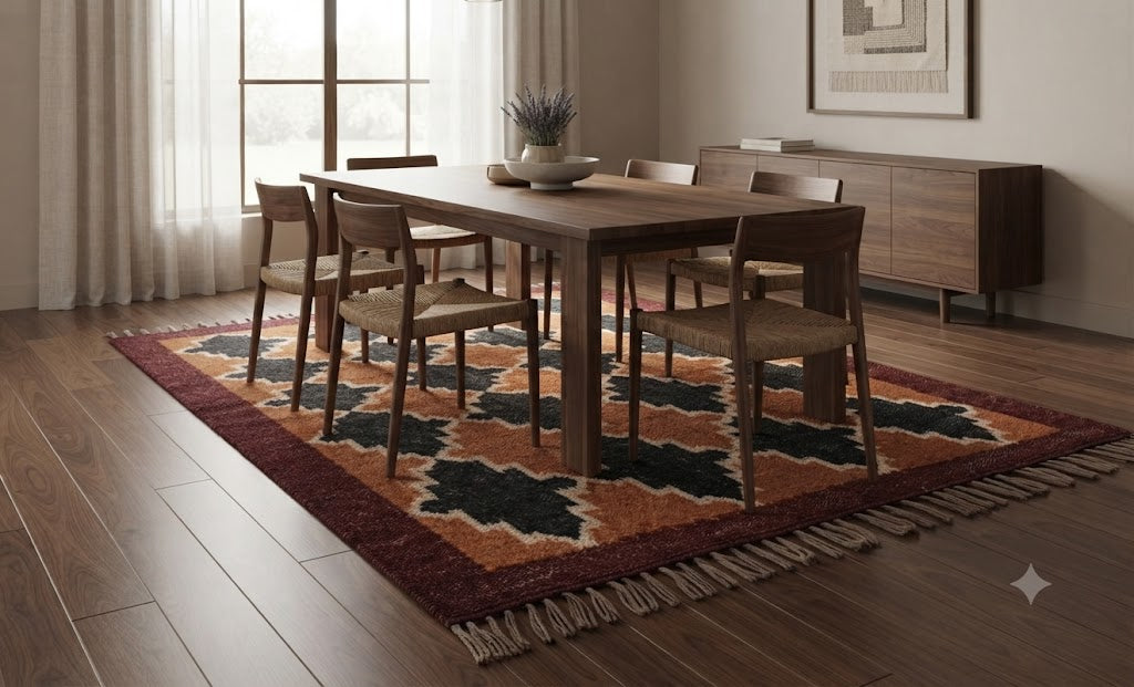 Rectangle Handmade Kilim Wool Jute Rug - Farmhouse Boho Area Carpet-Multicolor Durable Rustic Look Boho Mats