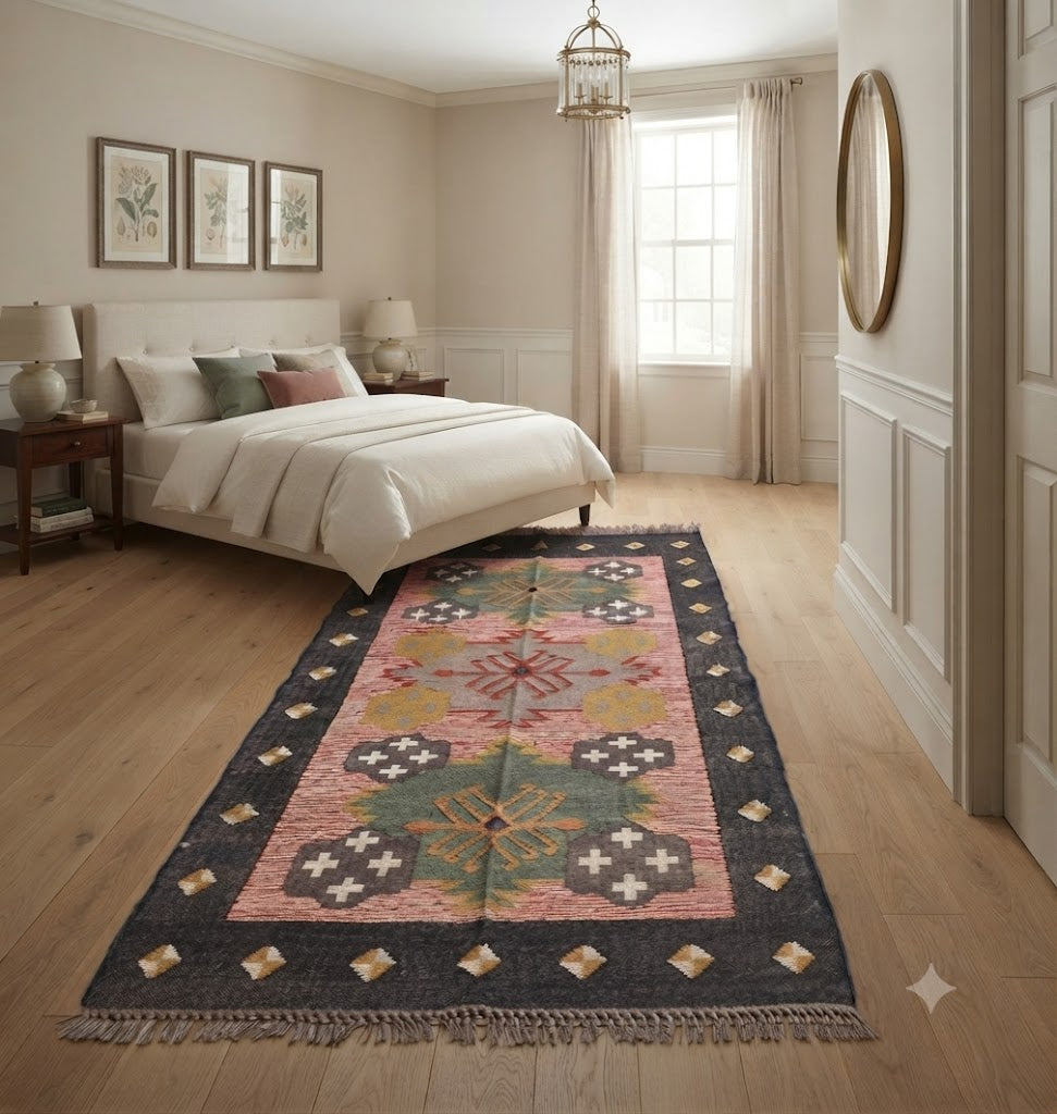Handmade Kilim Wool Jute Rug - Durable Rustic Look Rectangle Area Carpet Black