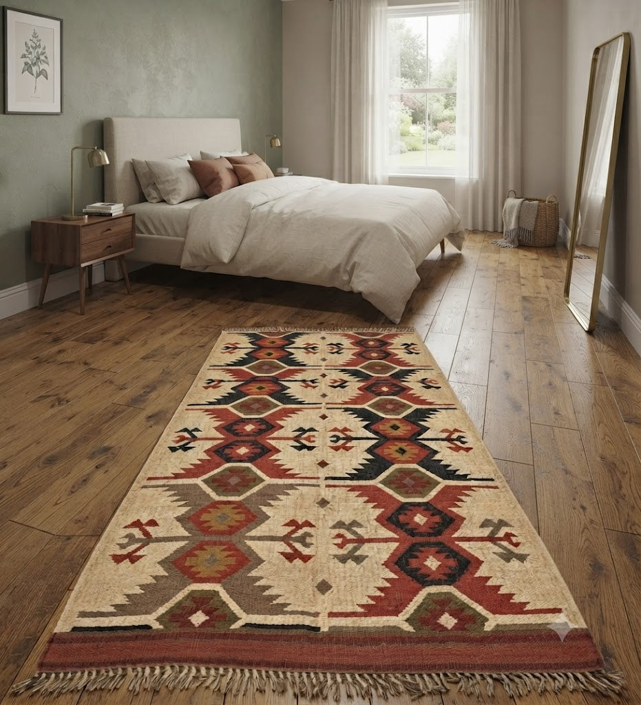 Rectangle Kilim Wool Jute Rug - Durable Handmade  Rustic Look Farmhouse Boho Area Carpet-Beige & Brown