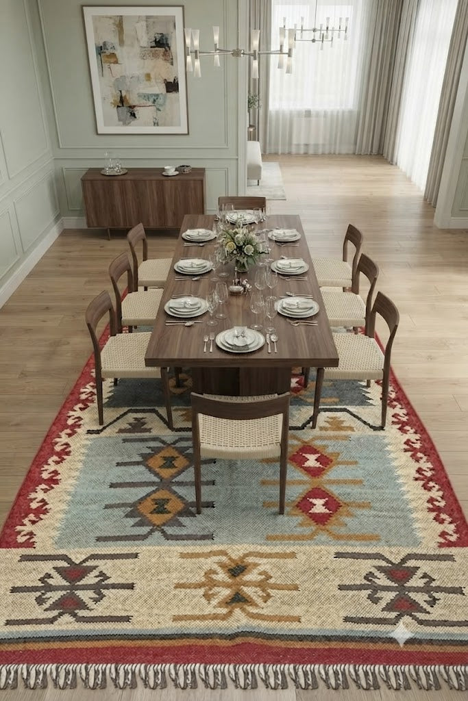Handmade Kilim Wool Jute Rug - Durable Rustic Look Rectangle Area Carpet Orange Multicolor