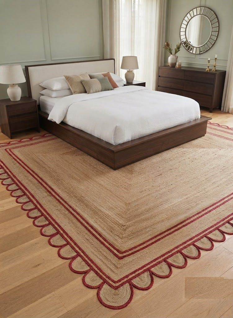Handwoven Jute Area Rug Natural Farmhouse Boho Rug for Living Room, Bedroom & Entryway Rustic Indoor Floor Scallop Carpet (Red Border)