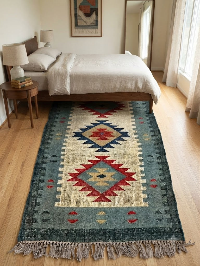 Rectangle Handmade Kilim Wool Jute Rug - Farmhouse Boho Area Carpet-Multicolor Durable Rustic Look Boho Mats