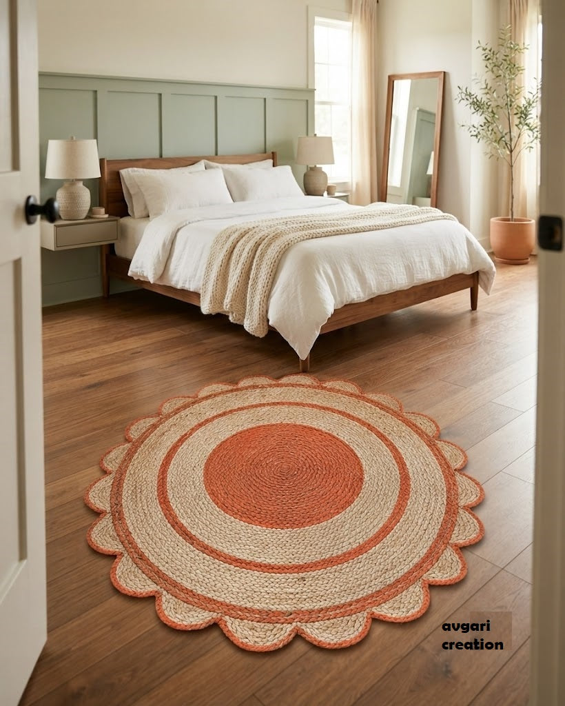Round Shape Area Rug 100% Hand Braided Rustic Look Carpet for Home Decor Farmhouse Boho Scallop Rugs (Orange Border)