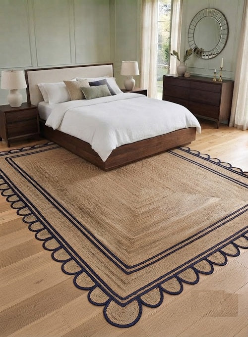 Handwoven Jute Area Rug Natural Farmhouse Boho Rug for Living Room, Bedroom & Entryway Rustic Indoor Floor Scallop Carpet (Blue Border)