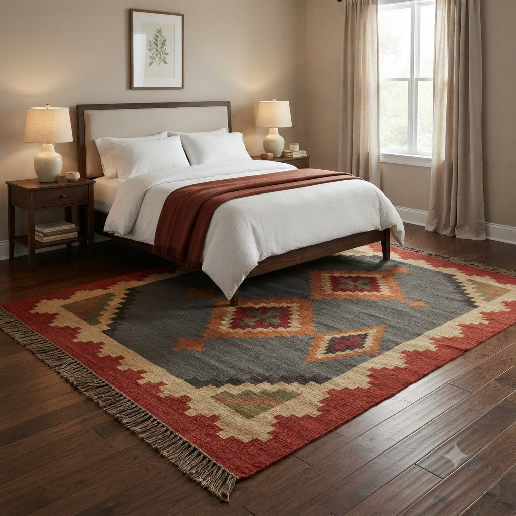 Handmade Rectangle Carpet Elegant Wool Jute Rug -Rustic Look Hand Woven Kilim Rug for Living Room, Hallway, Bedroom -Multicolor