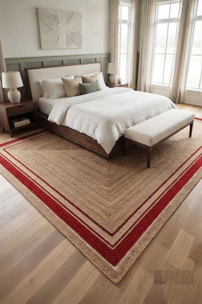 Natural Handwoven Jute Area Rug Natural Farmhouse Boho Rug for Living Room, Bedroom & Entryway Rustic Indoor Floor Mat-Red Border