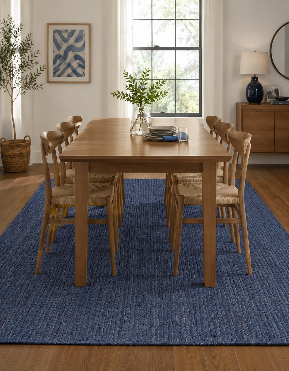 Natural Handwoven Jute Area Rug Blue Dye Farmhouse Boho Rug for Living Room, Bedroom & Entryway Rustic Indoor Floor Mat