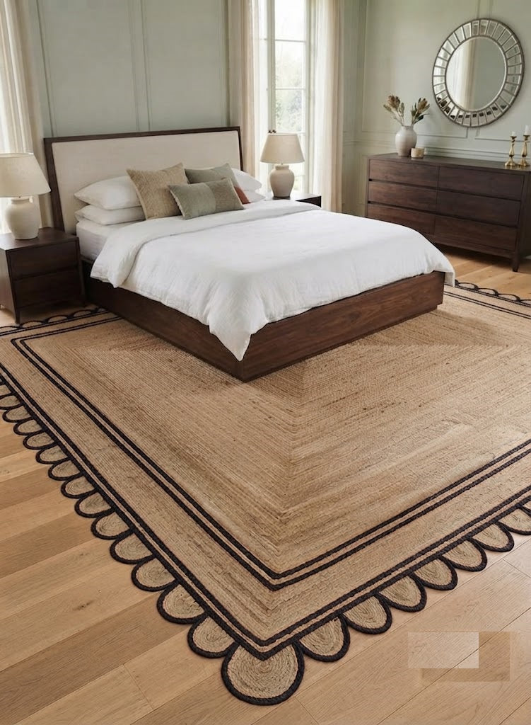 Handwoven Jute Area Rug Natural Farmhouse Boho Rug for Living Room, Bedroom & Entryway Rustic Indoor Floor Scallop Carpet (Black Border)