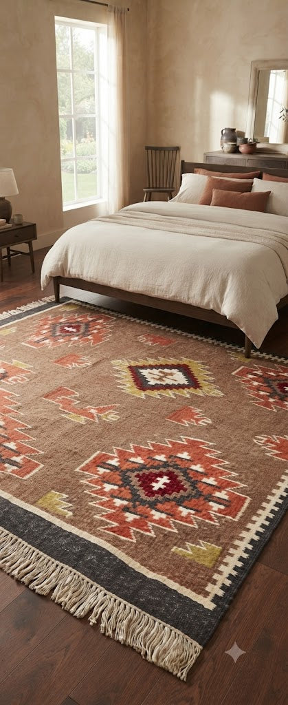 Rectangle Kilim Wool Jute Rug - Durable Handmade  Rustic Look Farmhouse Boho Area Carpet-Multicolor