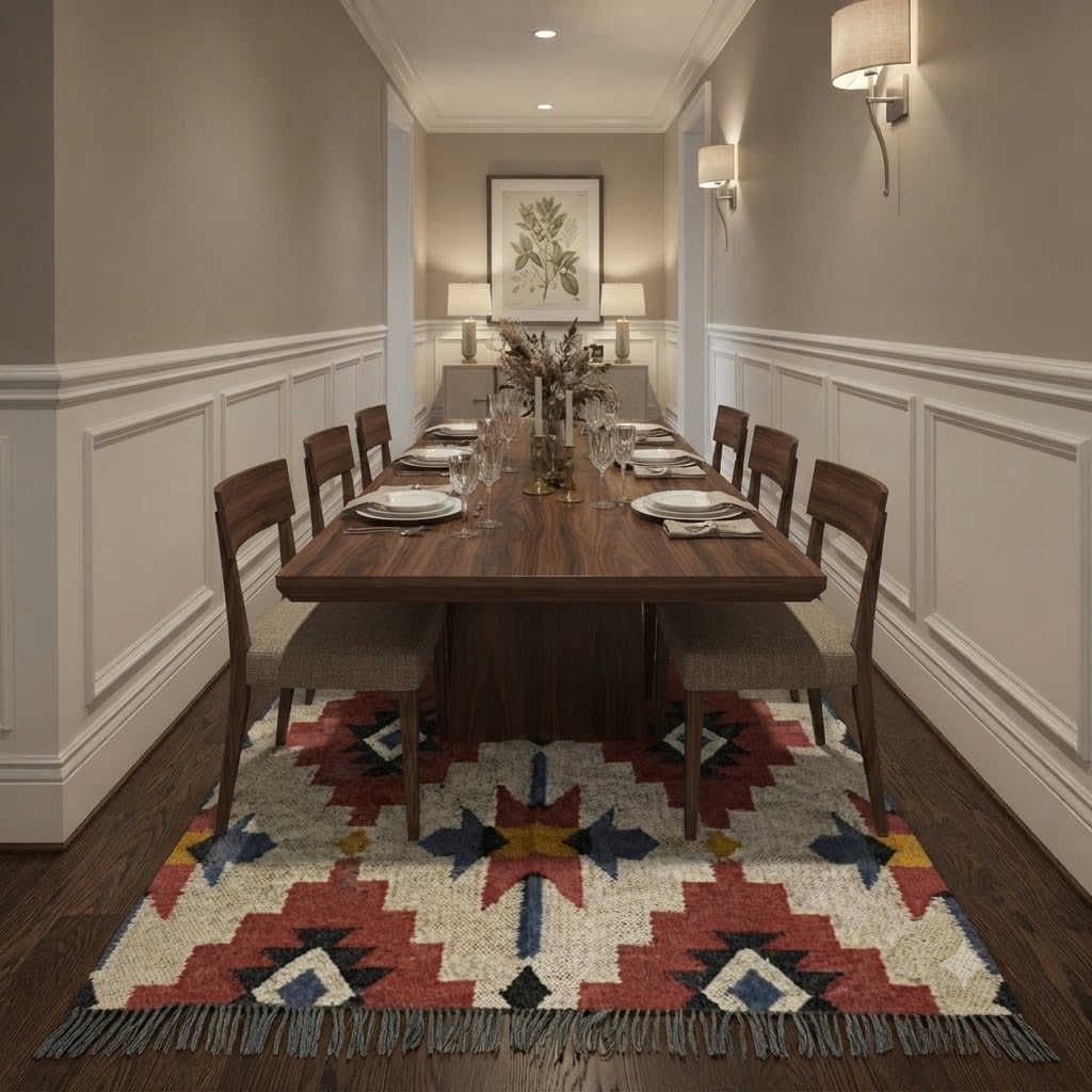 Rectangle Kilim Area Rug – Handwoven Wool & Jute Flatweave – Indoor/Outdoor Rug for Living Room, Bedroom, Dining, High-Traffic Areas, Lake House Decor- Beige & Red