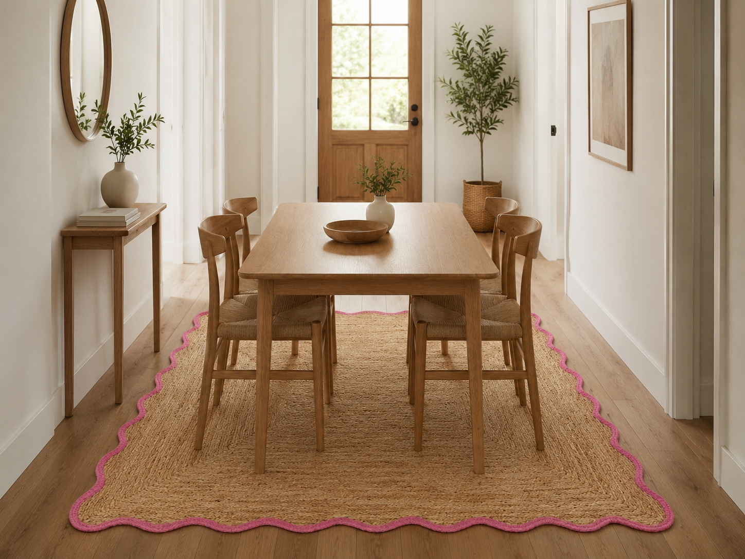 Natural Handwoven Jute Area Rug Scalloped Pink Border Farmhouse Boho Rug for Living Room, Bedroom & Entryway Rustic Indoor Floor Mat