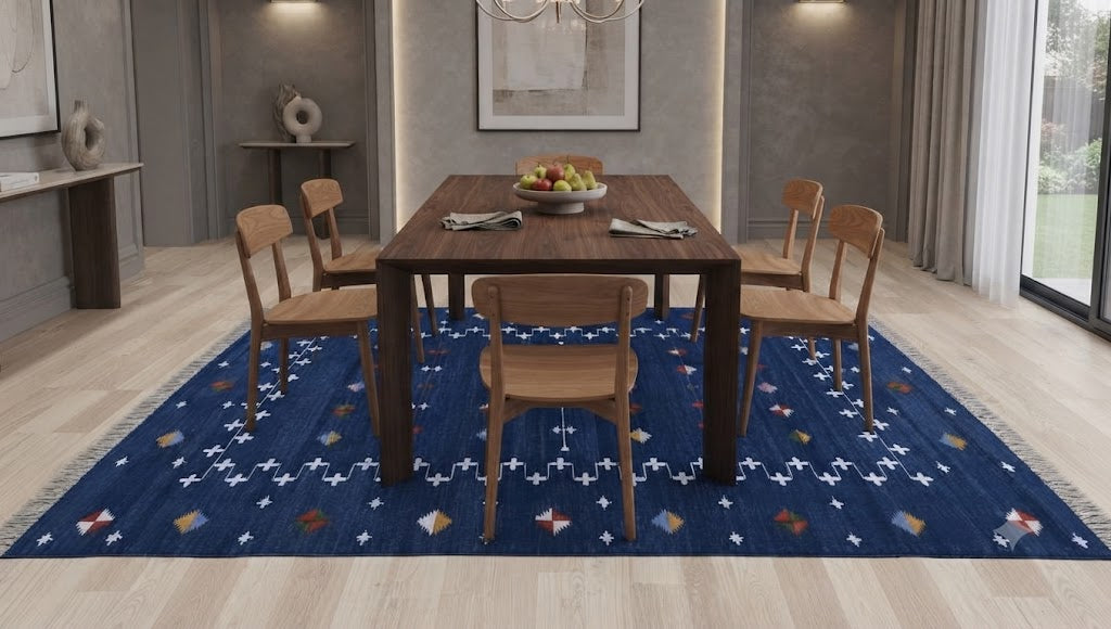Handwoven Kilim Area Rug Wool & Jute Flatweave Indoor/Outdoor Rug for Living Room, Bedroom, Dining, High-Traffic Areas, Lake House Decor rug- Blue-Rectangle