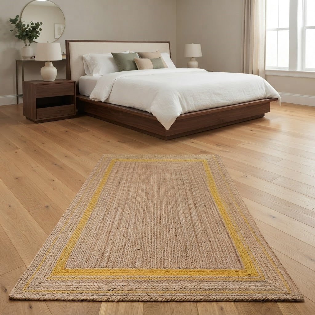 Natural Handwoven Jute Area Rug Natural Farmhouse Boho Rug for Living Room, Bedroom & Entryway Rustic Indoor Floor Mat-Yellow Border