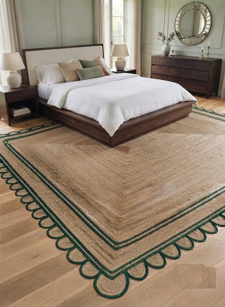 Handwoven Jute Area Rug Natural Farmhouse Boho Rug for Living Room, Bedroom & Entryway Rustic Indoor Floor Scallop Carpet (Green Border)