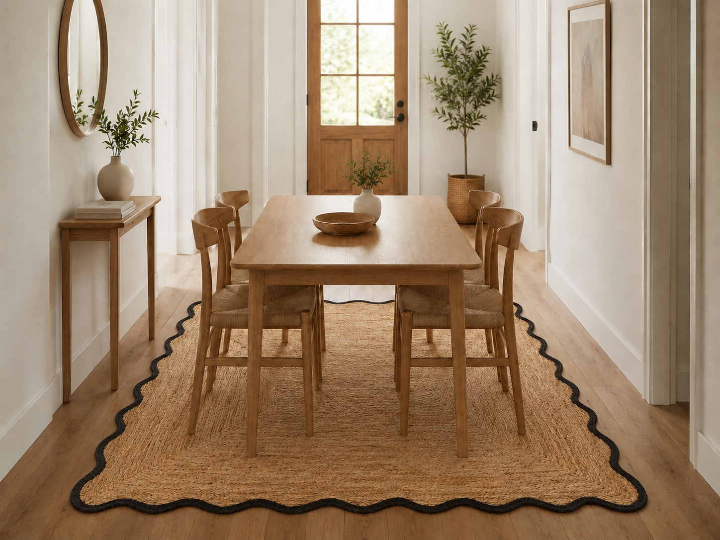 Natural Handwoven Jute Area Rug Scalloped Black Border Farmhouse Boho Rug for Living Room, Bedroom & Entryway Rustic Indoor Floor Mat