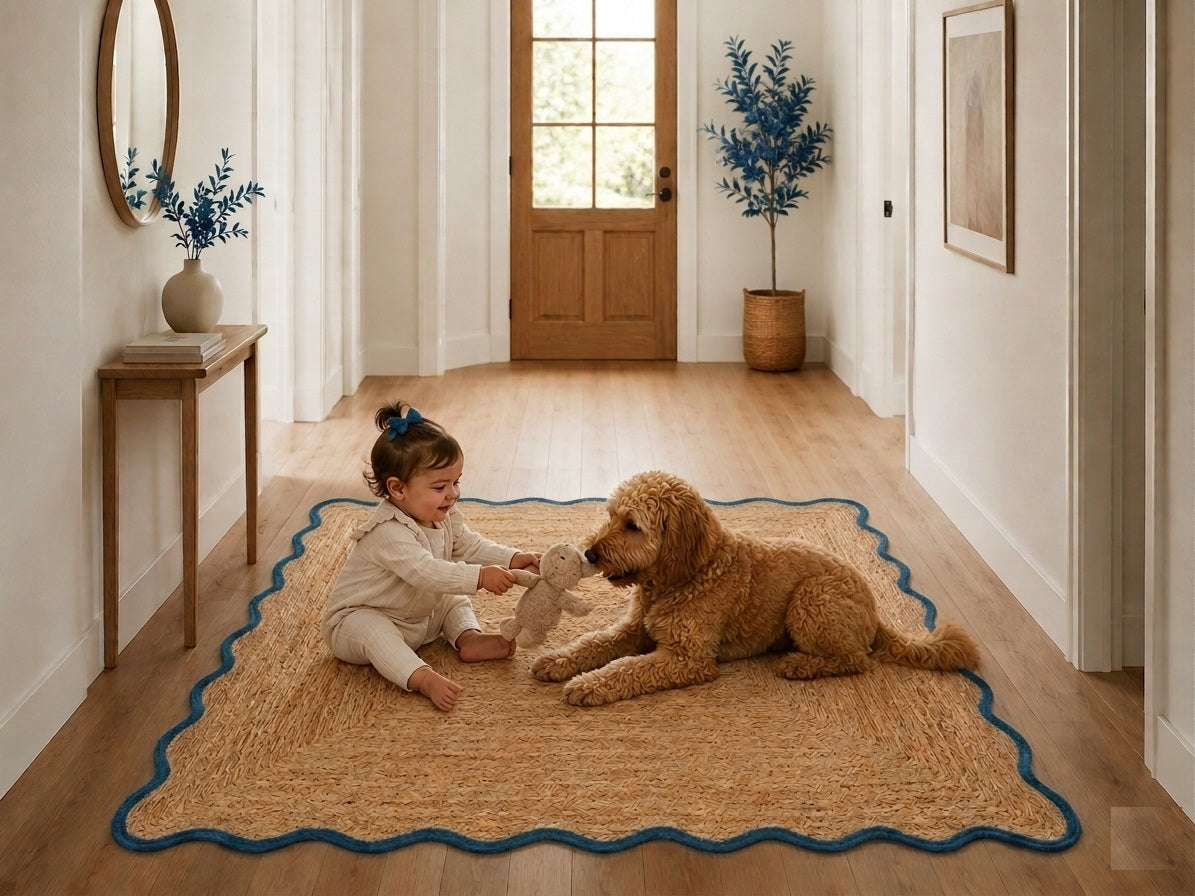 Natural Handwoven Jute Area Rug Scalloped Blue Border Farmhouse Boho Rug for Living Room, Bedroom & Entryway Rustic Indoor Floor Mat