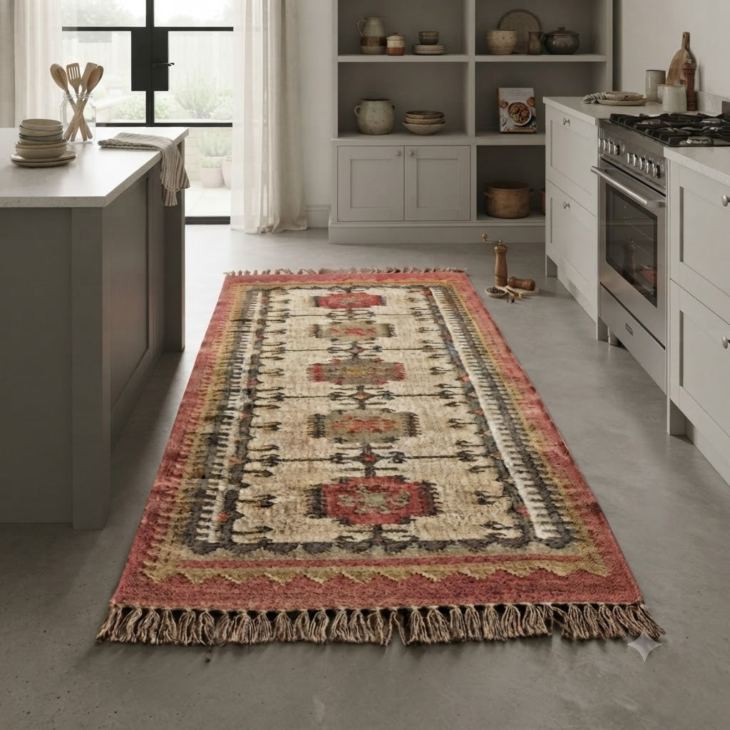 Rectangle Kilim Wool Jute Rug - Durable Handmade  Rustic Look Farmhouse Boho Area Carpet-MultiColor