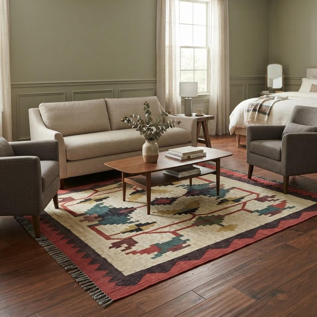 Rustic Look Kilim Wool Jute Natural Rug Area Rug Hand Woven Living Room Carpet for Living Room, Hallway