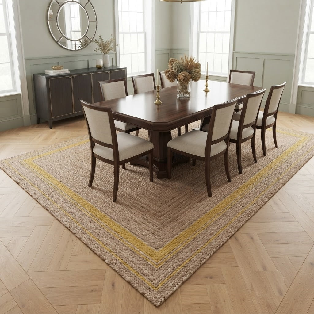Natural Handwoven Jute Area Rug Natural Farmhouse Boho Rug for Living Room, Bedroom & Entryway Rustic Indoor Floor Mat-Yellow Border