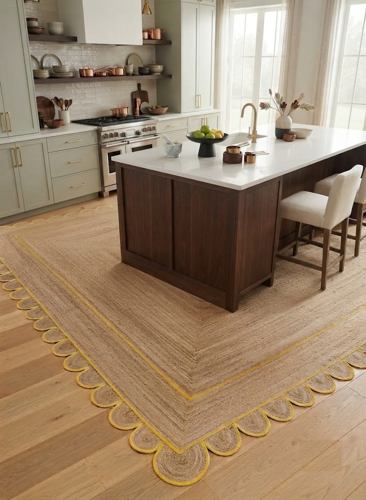 Handwoven Jute Area Rug Natural Farmhouse Boho Rug for Living Room, Bedroom & Entryway Rustic Indoor Floor Scallop Carpet (Yellow Border)