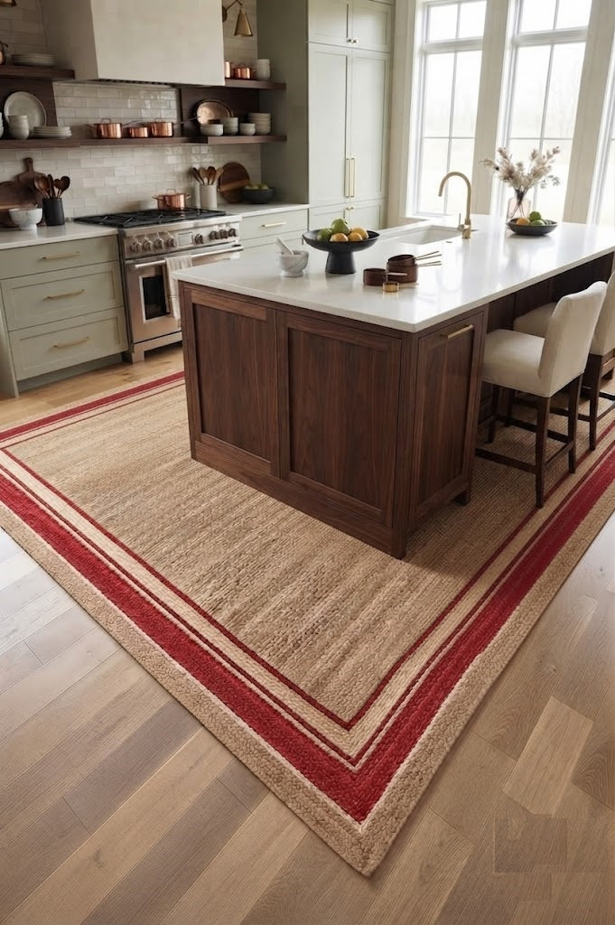 Natural Handwoven Jute Area Rug Natural Farmhouse Boho Rug for Living Room, Bedroom & Entryway Rustic Indoor Floor Mat-Red Border