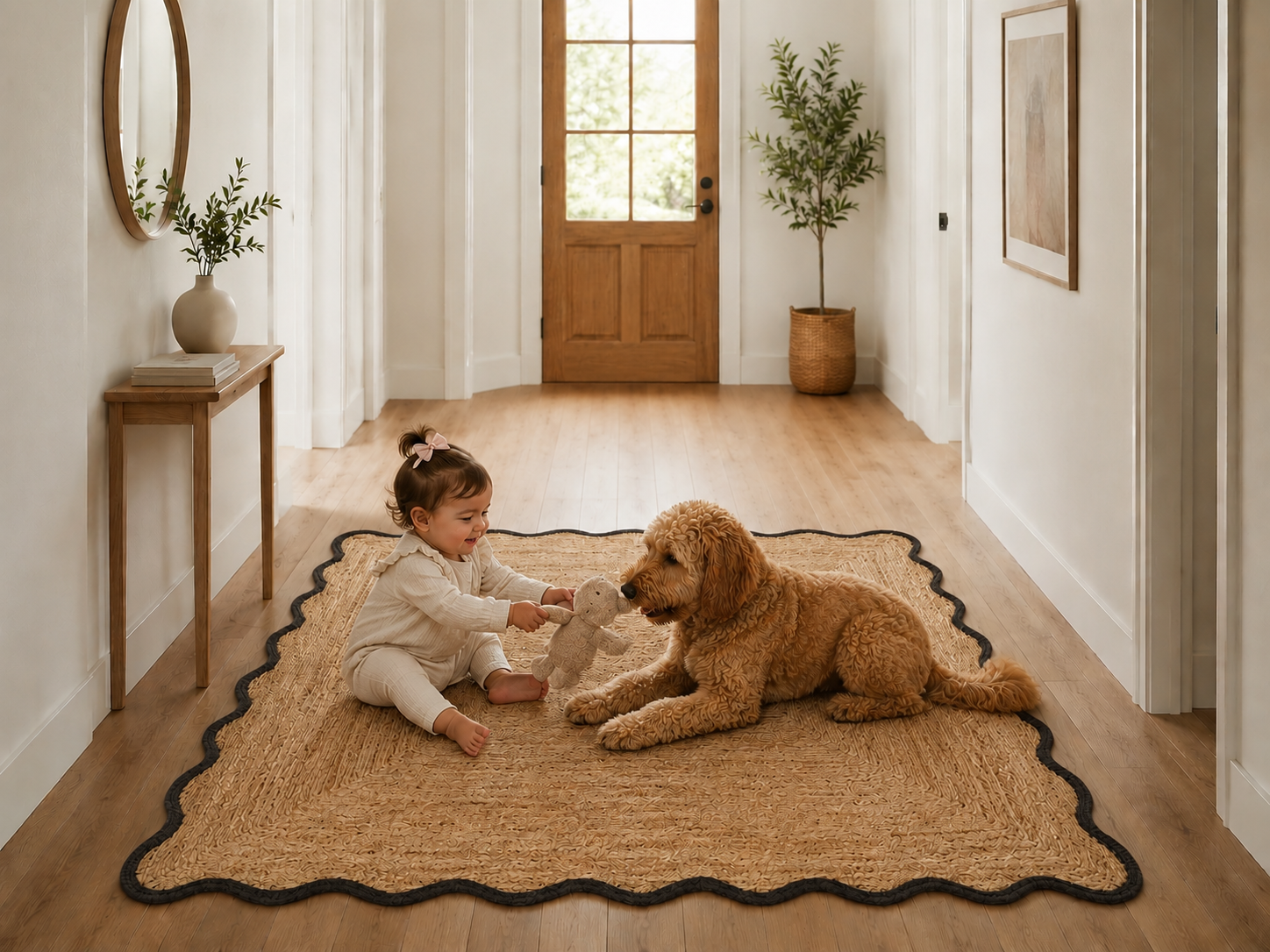 Natural Handwoven Jute Area Rug Scalloped Black Border Farmhouse Boho Rug for Living Room, Bedroom & Entryway Rustic Indoor Floor Mat