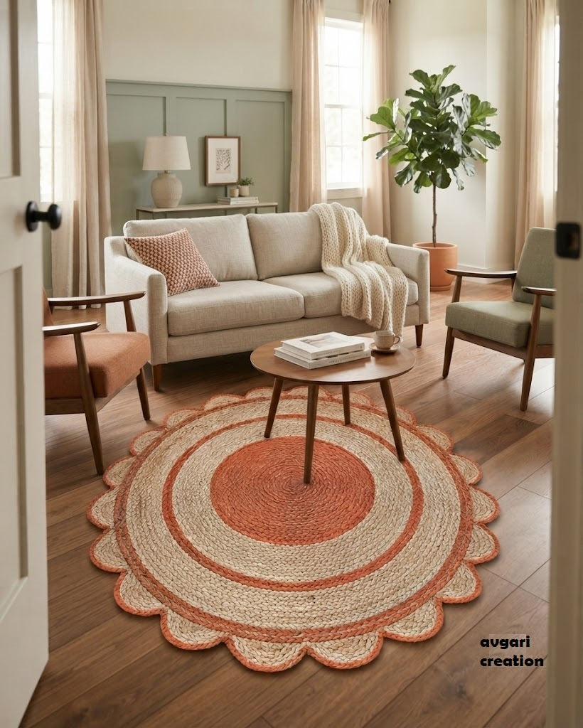 Round Shape Area Rug 100% Hand Braided Rustic Look Carpet for Home Decor Farmhouse Boho Scallop Rugs (Orange Border)