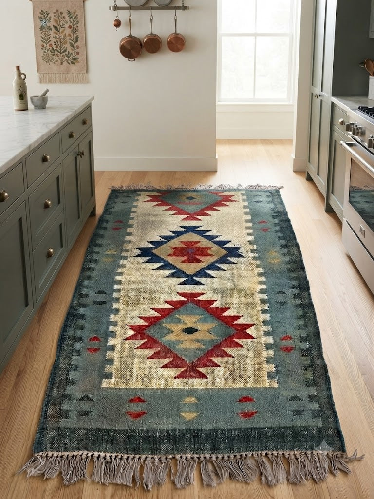 Rectangle Handmade Kilim Wool Jute Rug - Farmhouse Boho Area Carpet-Multicolor Durable Rustic Look Boho Mats
