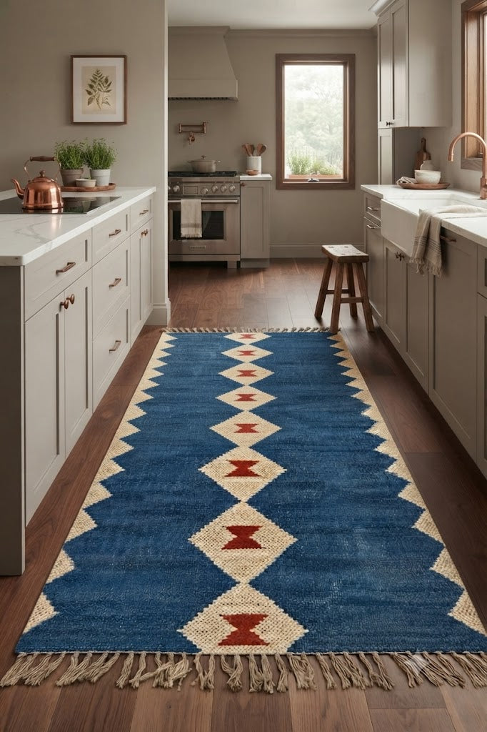 Rectangle Kilim Wool Jute Rug - Durable Handmade  Rustic Look Farmhouse Boho Area Carpet-Blue & Beige