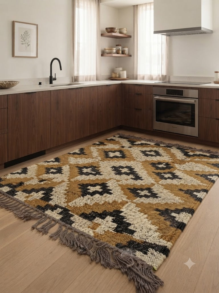 Rectangle Handmade Kilim Wool Jute Rug - Durable Rustic Look Farmhouse Area Carpet-Yellow