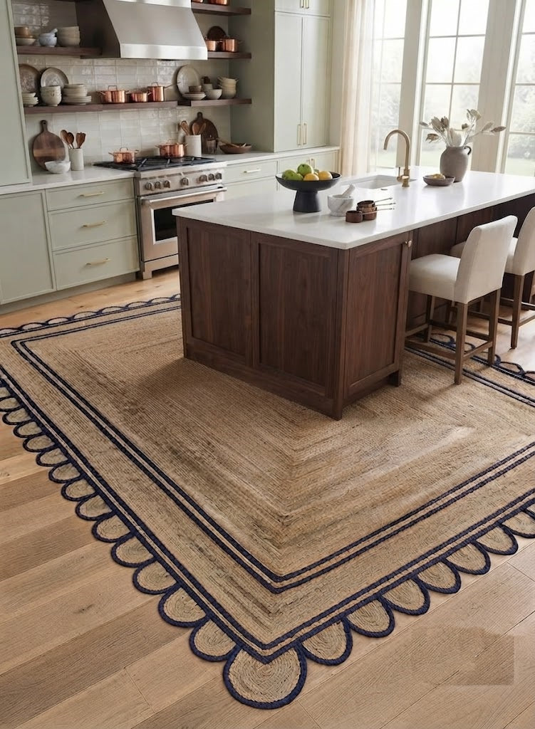 Handwoven Jute Area Rug Natural Farmhouse Boho Rug for Living Room, Bedroom & Entryway Rustic Indoor Floor Scallop Carpet (Blue Border)