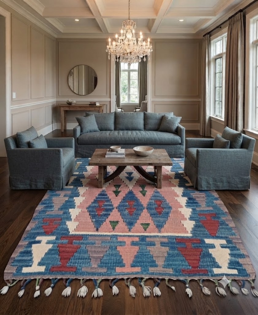 Kilim Wool Jute Rug - Handmade Durable Rustic Look Rectangle Area Carpet Carpets Multicolor