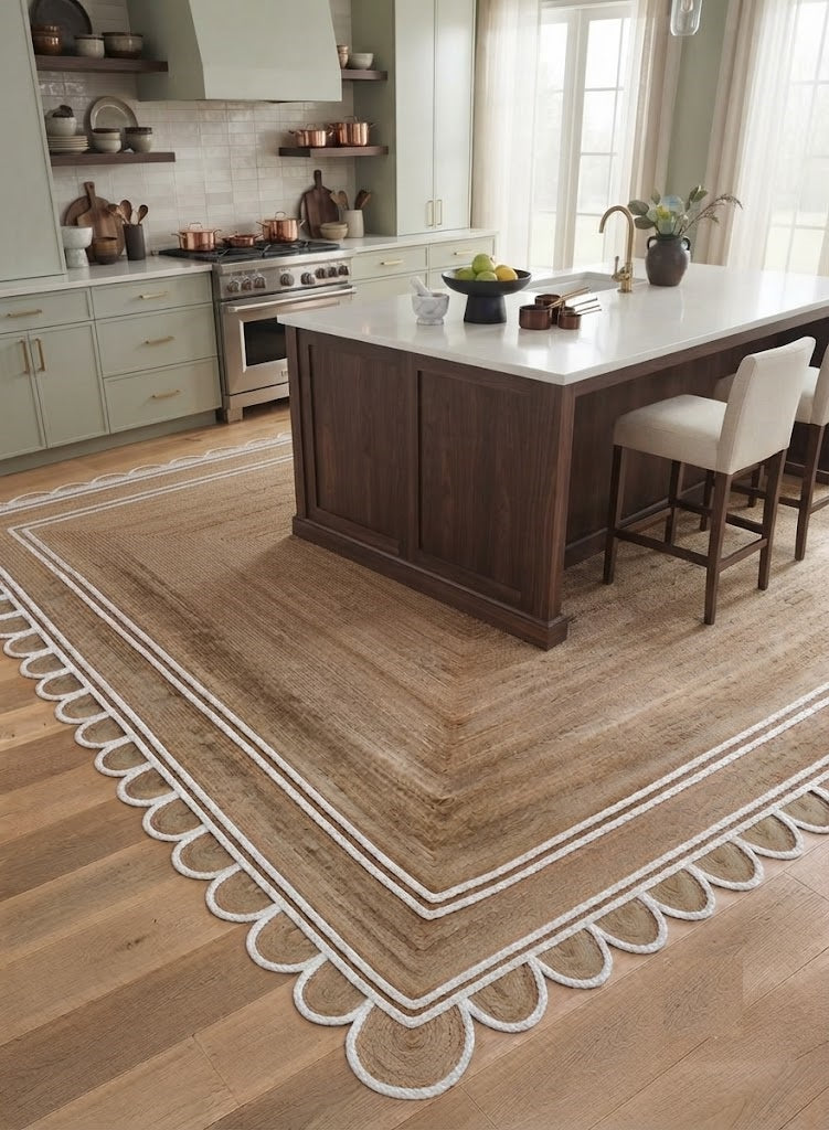 Handwoven Jute Area Rug Natural Farmhouse Boho Rug for Living Room, Bedroom & Entryway Rustic Indoor Floor Scallop Carpet (White Border)