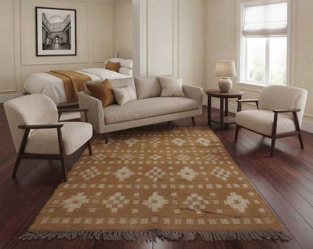 Rectangle Handmade Wool Jute Kilim Rug – Bohemian Carpet, Natural Fiber Traditional Flatweave Rug for Living Room & Bedroom