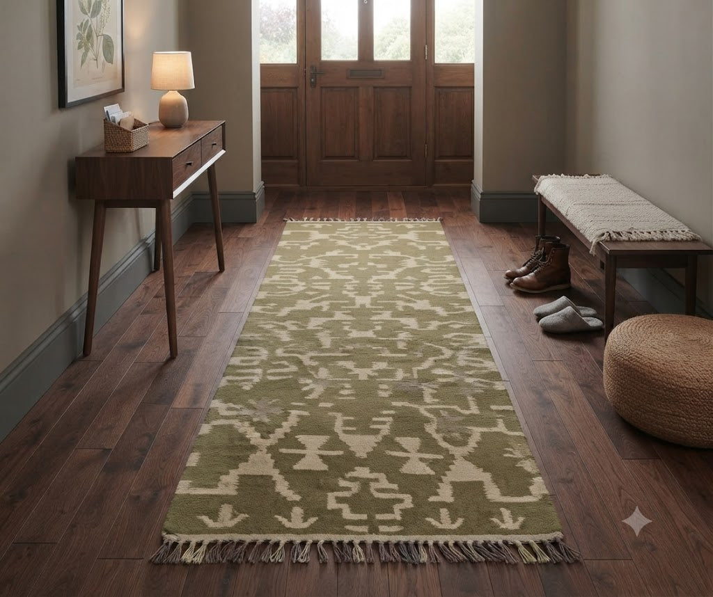 Rectangle Kilim Wool Jute Rug - Durable Handmade  Rustic Look Farmhouse Boho Area Carpet-Green & Beige