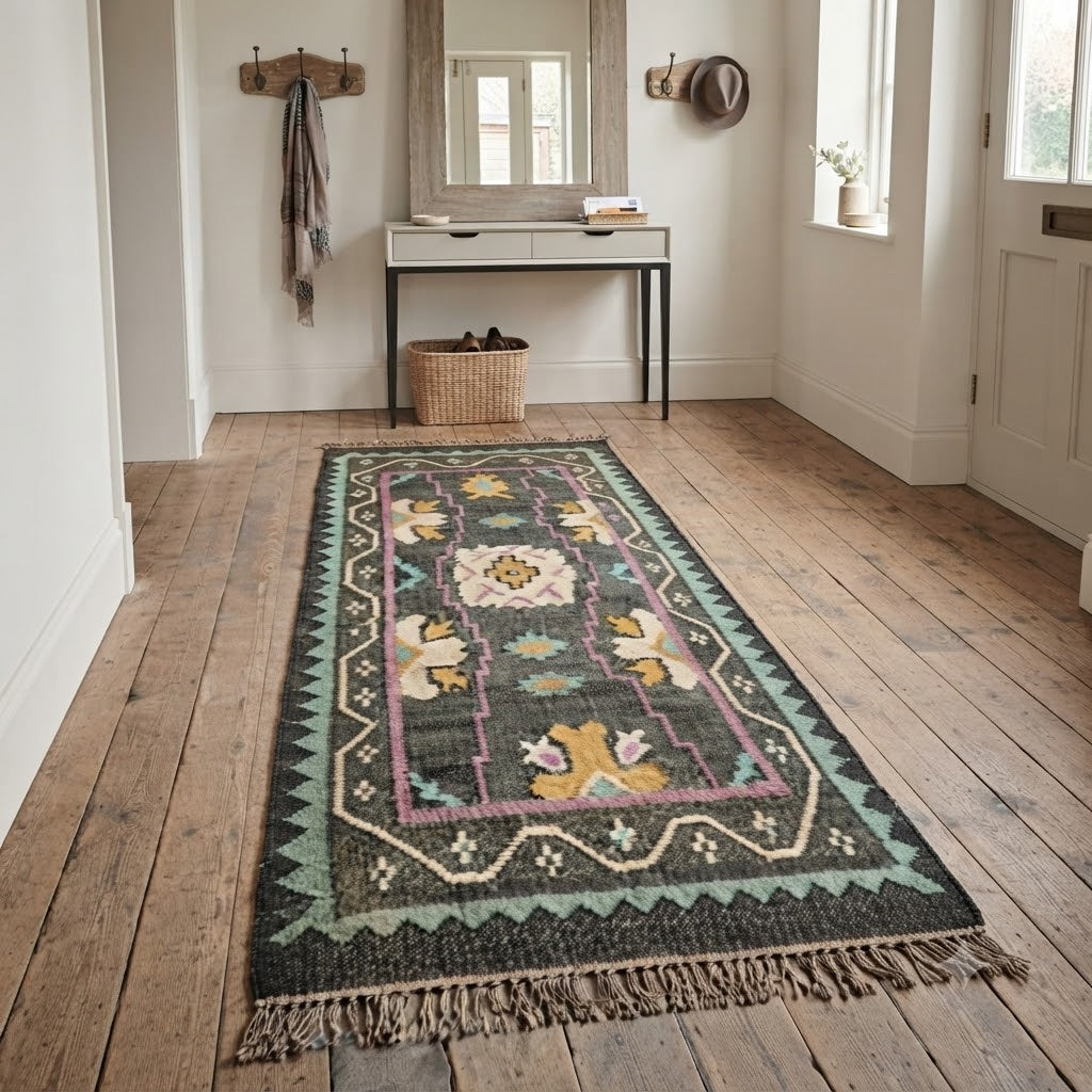 Rectangle Kilim Wool Jute Rug - Durable Handmade  Rustic Look Farmhouse Boho Area Carpet-Black
