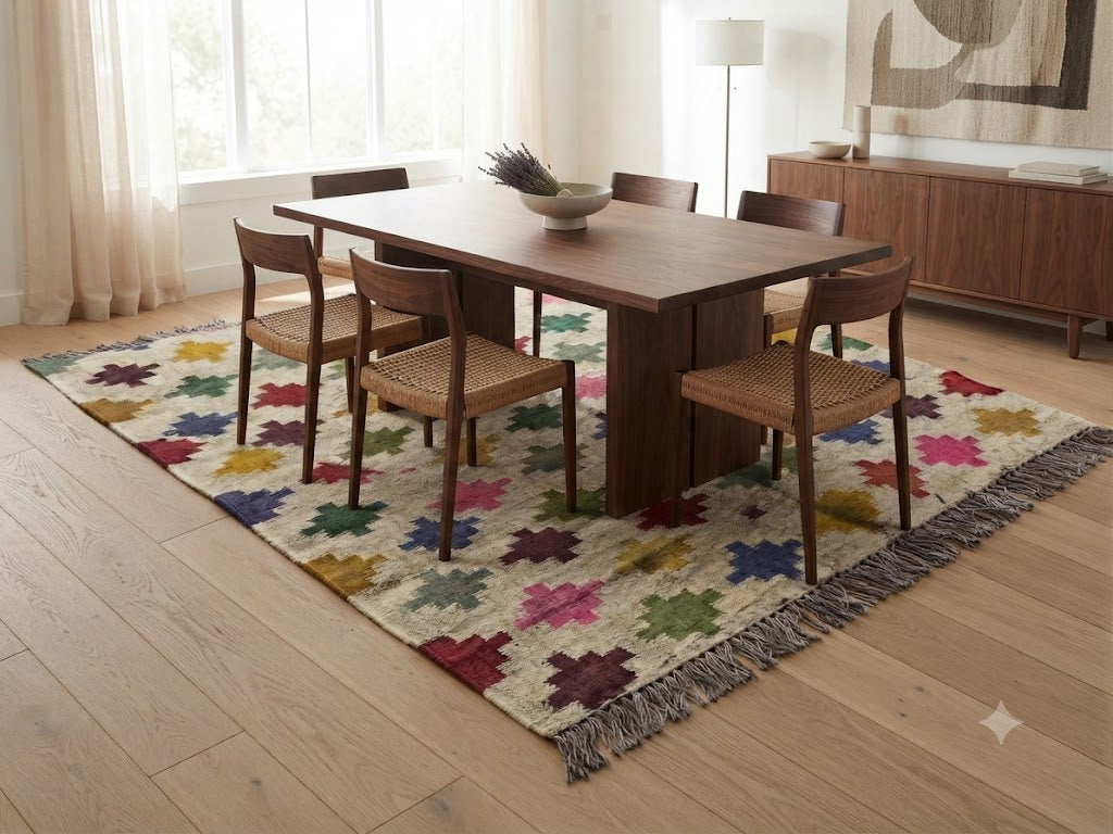 Rectangle Handmade Kilim Wool Jute Rug - Farmhouse Boho Area Carpet-Multicolor Durable Rustic Look Mats