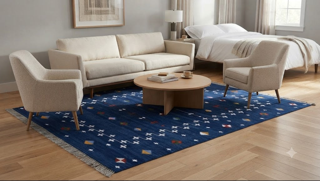 Handwoven Kilim Area Rug Wool & Jute Flatweave Indoor/Outdoor Rug for Living Room, Bedroom, Dining, High-Traffic Areas, Lake House Decor rug- Blue-Rectangle