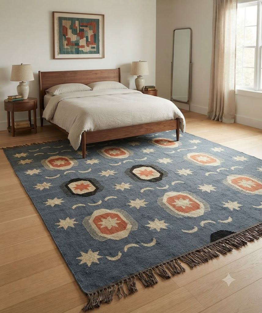 Area Rug Kilim Rug Hand made Wool & Braided Jute Rug Flatweave Rug High Traffic Area Lake House Bedroom Dining Room Living Room Indoor & Outdoor Rug-Blue