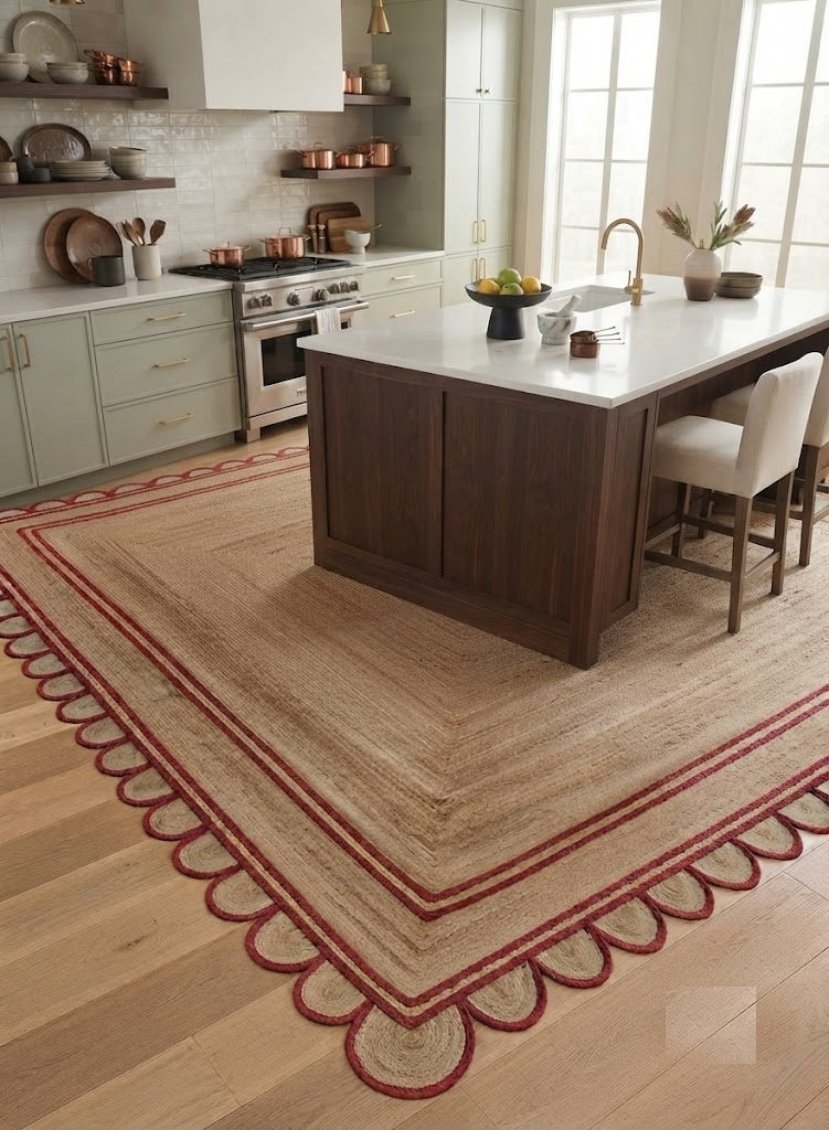 Handwoven Jute Area Rug Natural Farmhouse Boho Rug for Living Room, Bedroom & Entryway Rustic Indoor Floor Scallop Carpet (Red Border)