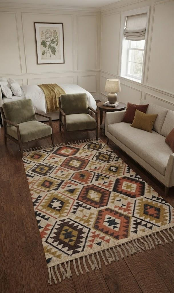Handmade Wool Jute Kilim Rug – Bohemian Carpet, Natural Fiber Traditional Flatweave Rug for Living Room & Bedroom Recantale Carpet