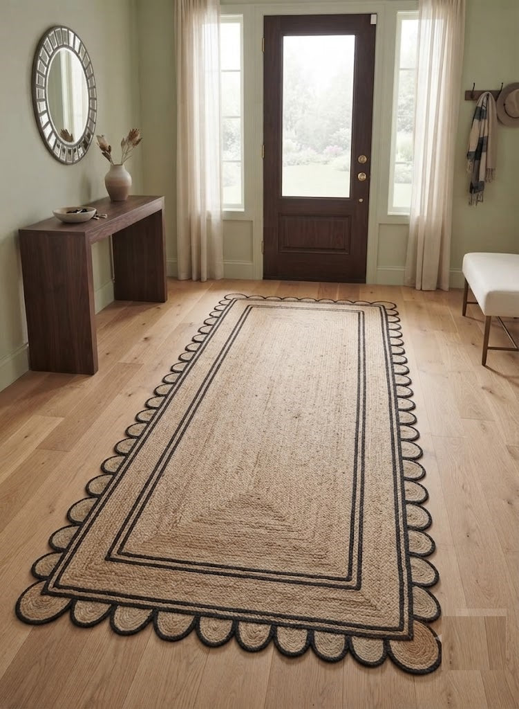 Handwoven Jute Area Rug Natural Farmhouse Boho Rug for Living Room, Bedroom & Entryway Rustic Indoor Floor Scallop Carpet (Black Border)