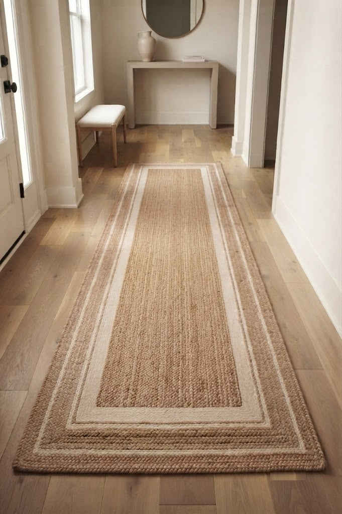 Natural Handwoven Jute Area Rug Natural Farmhouse Boho Rug for Living Room, Bedroom & Entryway Rustic Indoor Floor Mat-White Border