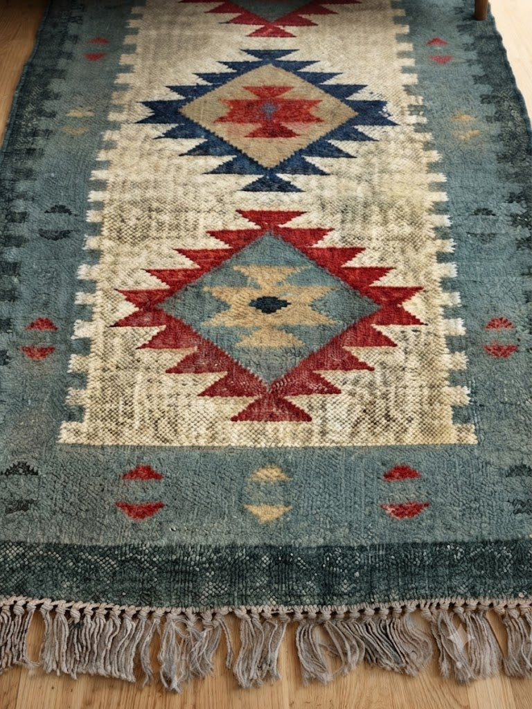 Rectangle Handmade Kilim Wool Jute Rug - Farmhouse Boho Area Carpet-Multicolor Durable Rustic Look Boho Mats